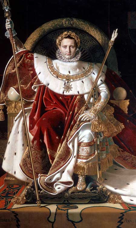 Наполеон в полном императорском облачении на троне.